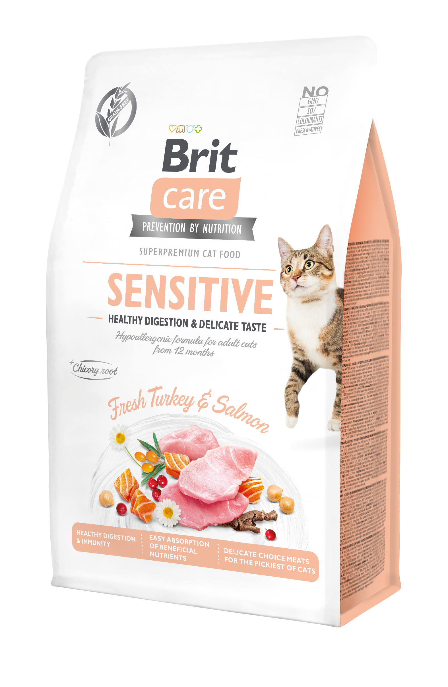 Brit Care Cat Grain-Free Sensitive, indyk i łosoś, 400 g Pełnoporcjowa karma sucha dla dorosłych kotów o wrażliwym przewodzie pokarmowym