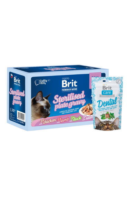 Zestaw Brit Premium Cat Sterilised Mix w sosie 12x85g + Snack Dental Indyk 50g Zestaw pełnoporcjowej karmy mokrej w sosie oraz przysmaku dentystycznego dla kotów