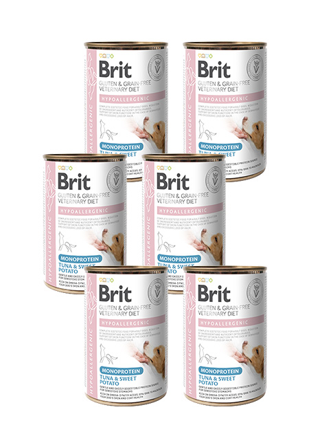 Zestaw 6 x 400g Brit Veterinary Diets Hypoallergenic, tuńczyk i słodkie ziemniaki Weterynaryjna karma hipoalergiczna dla dorosłych psów w ekonomicznym zestawie