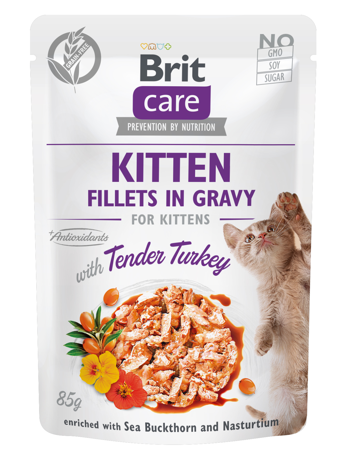 Brit Care Cat Kitten Fillets in Gravy, indyk, rokitnik zwyczajny i nasturcja Pełnoporcjowa mokra karma dla kociąt