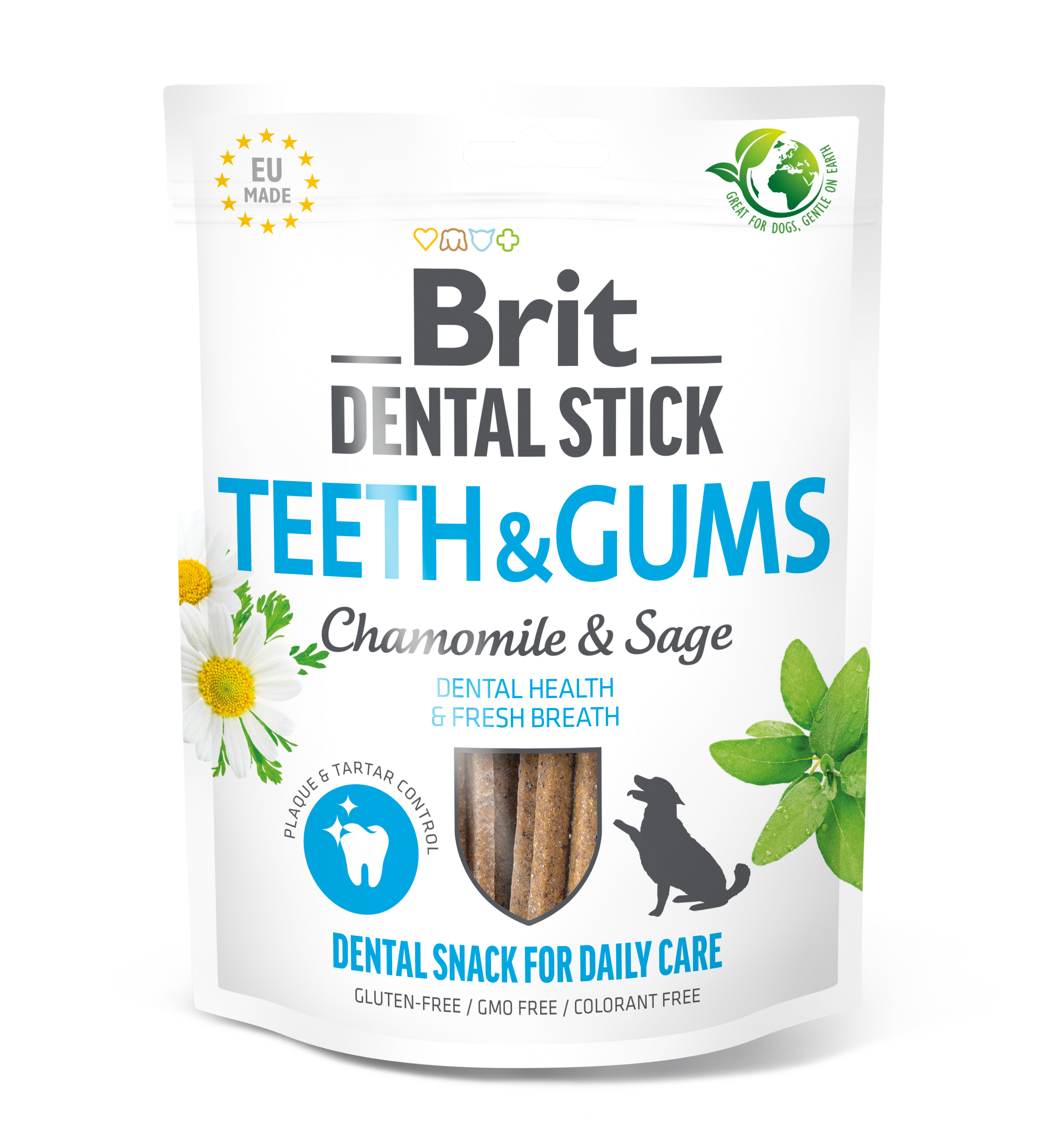 Brit Dental Stick Teeth & Gums, rumianek i szałwia, 251 g Dentystyczna przekąska dla psów wspierająca zdrowie oraz higienę zębów i dziąseł