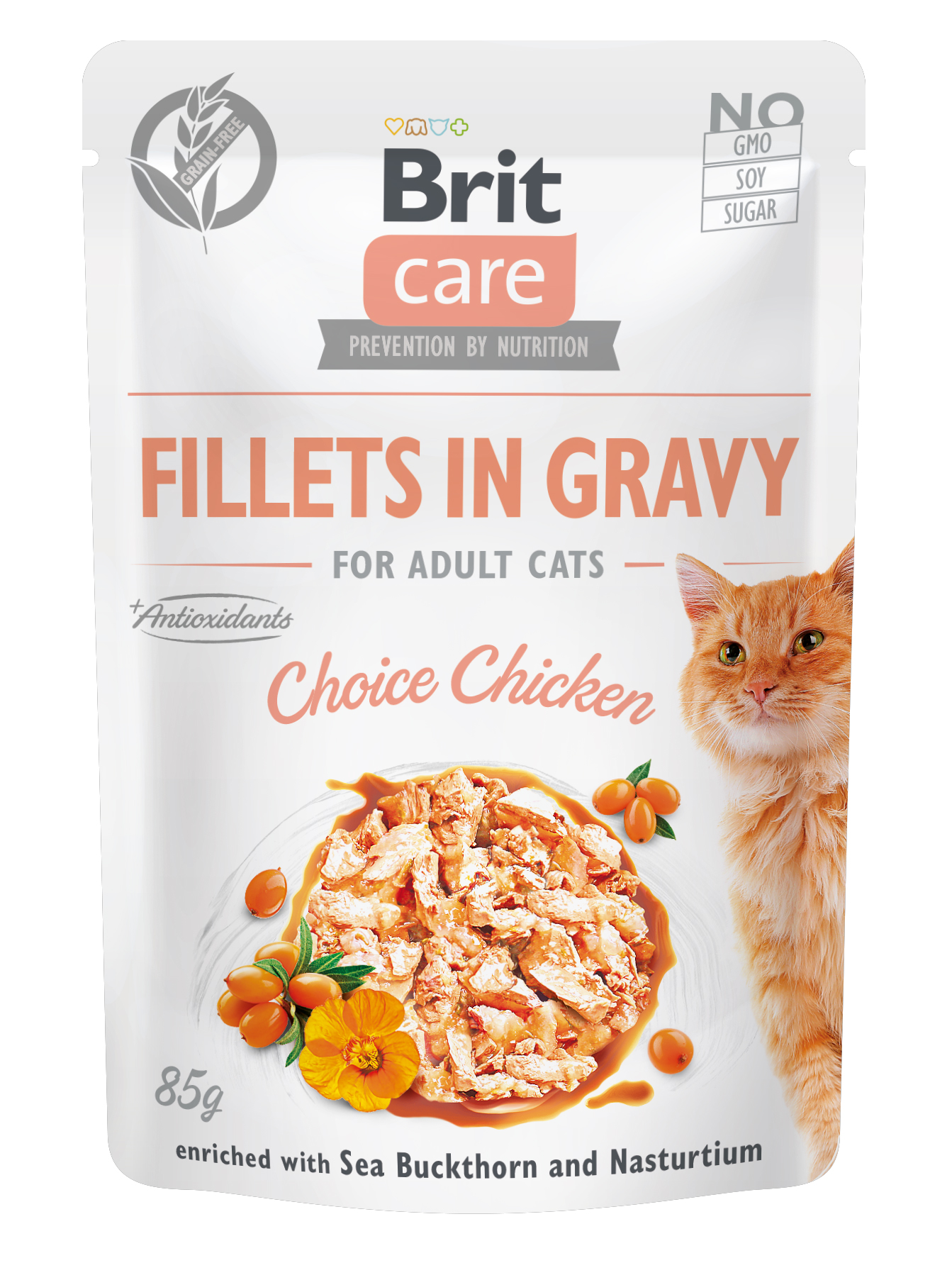 Brit Care Cat Pouches Fillets in Gravy, kurczak, rokitnik zwyczajny i nasturcja Pełnoporcjowa mokra karma dla dorosłych kotów