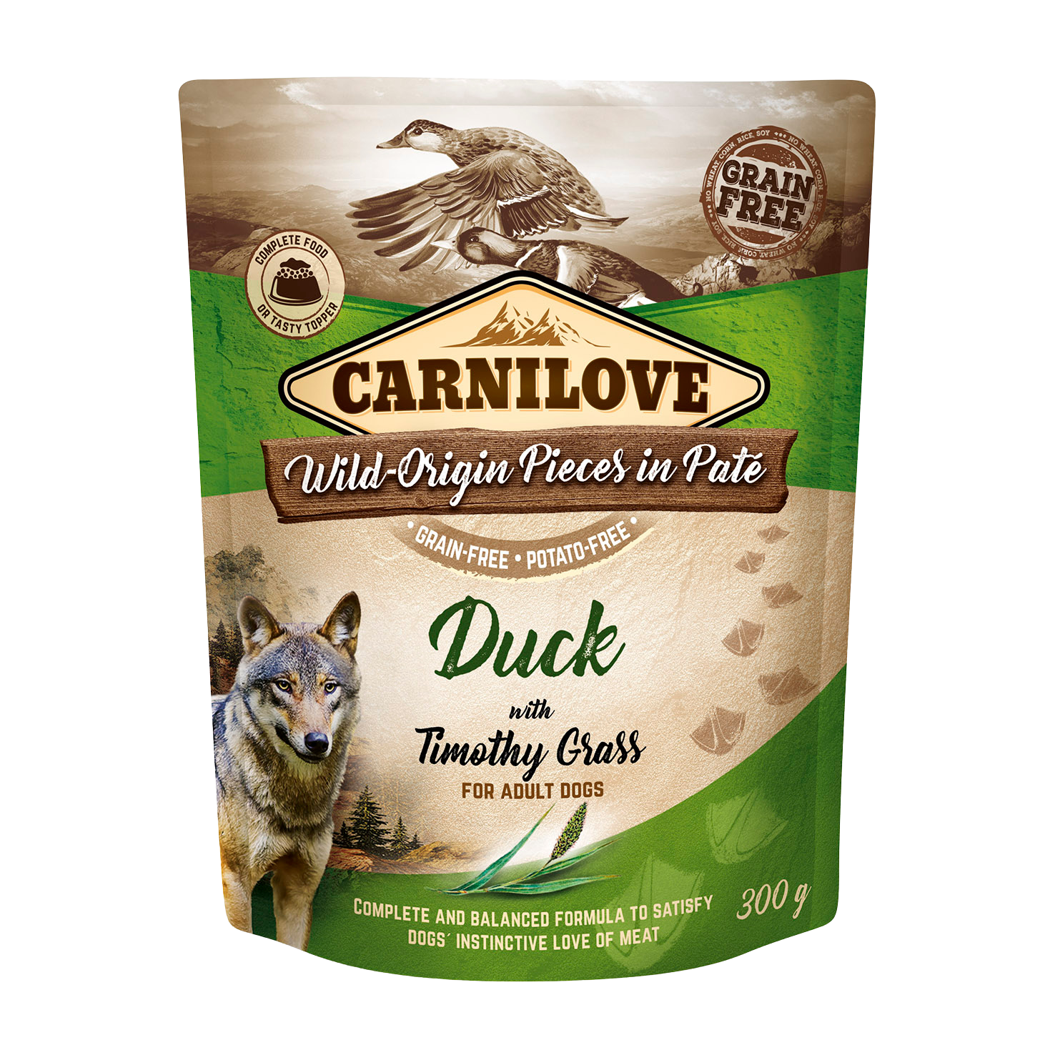 Carnilove Dog Pouch, kaczka i tymotka łąkowa, 300g Pełnoporcjowa karma mokra dla psów dorosłych