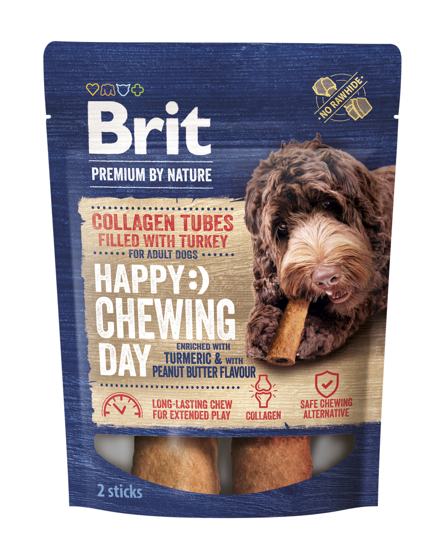 Brit Premium Dog Collagen Chews Tubes filled with Turkey Kolagenowe rurki z nadzieniem z indyka 2szt. Przysmaki do żucia z kolagenem i nadzieniem z indyka o smaku masła orzechowego dla psów