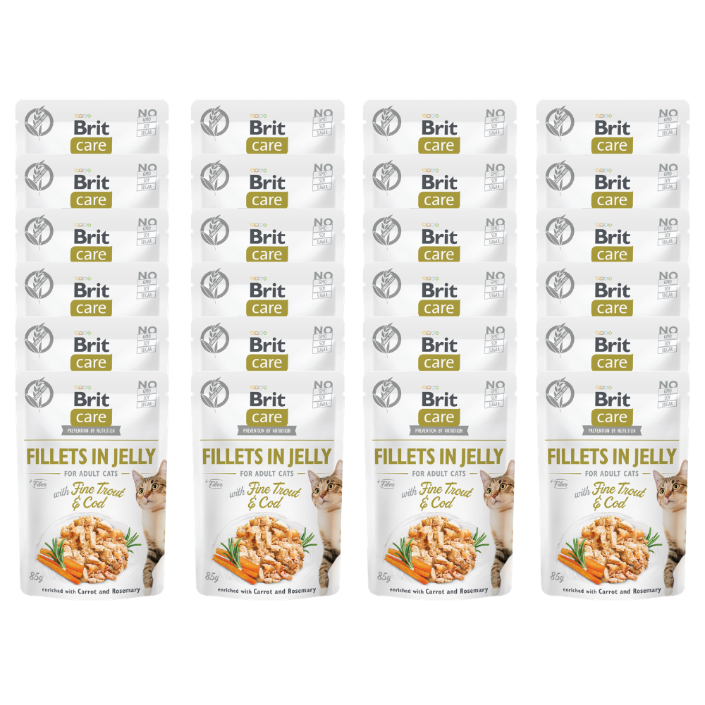 Promocja 20 szt + 4 szt Brit Care Cat Adult Fillets in Jelly with Fine Trout & Cod enriched with Carrot & Rosemary 85g