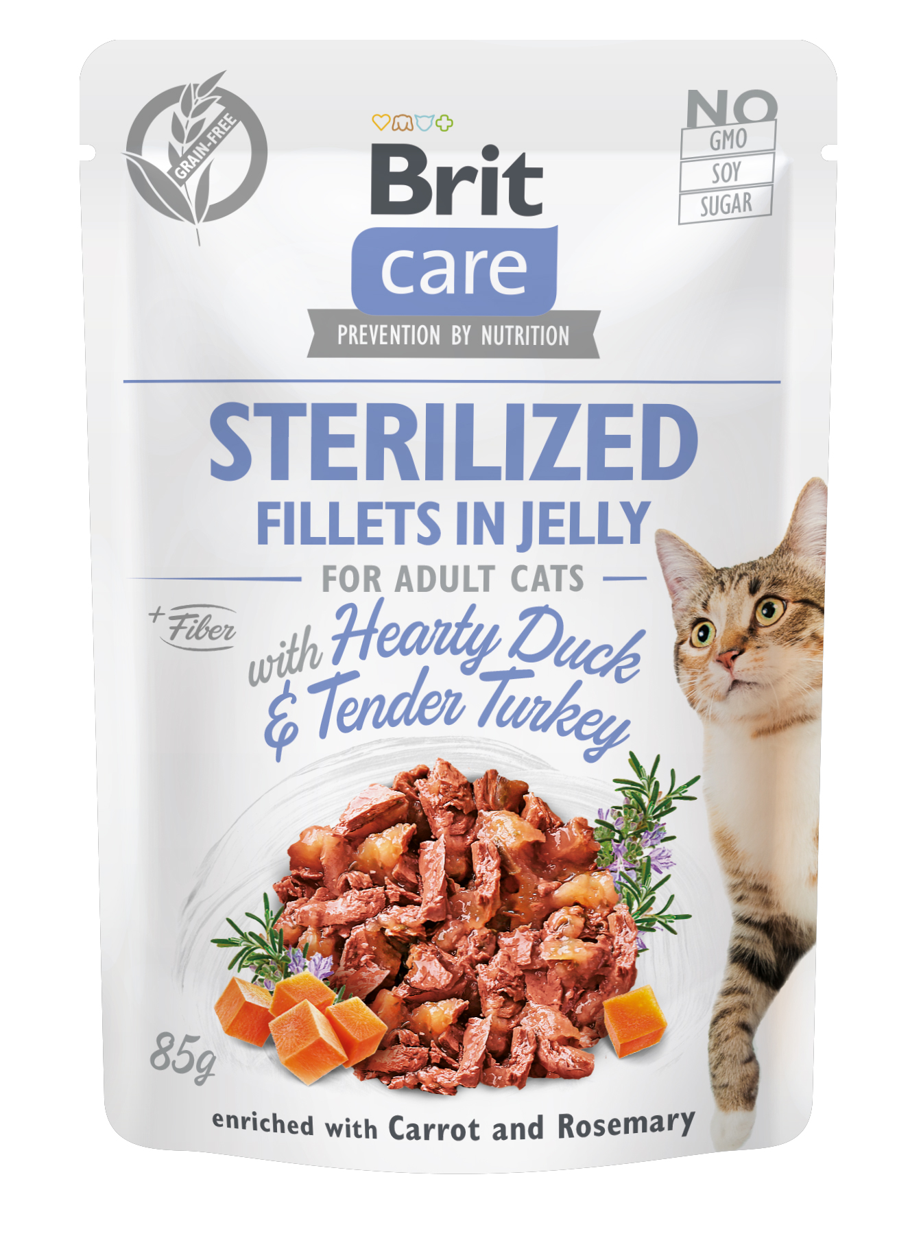 Brit Care Cat Fillets in Jelly Sterilized, kaczka i indyk, 85 g Pełnoporcjowa karma mokra dla dorosłych kotów sterylizowanych