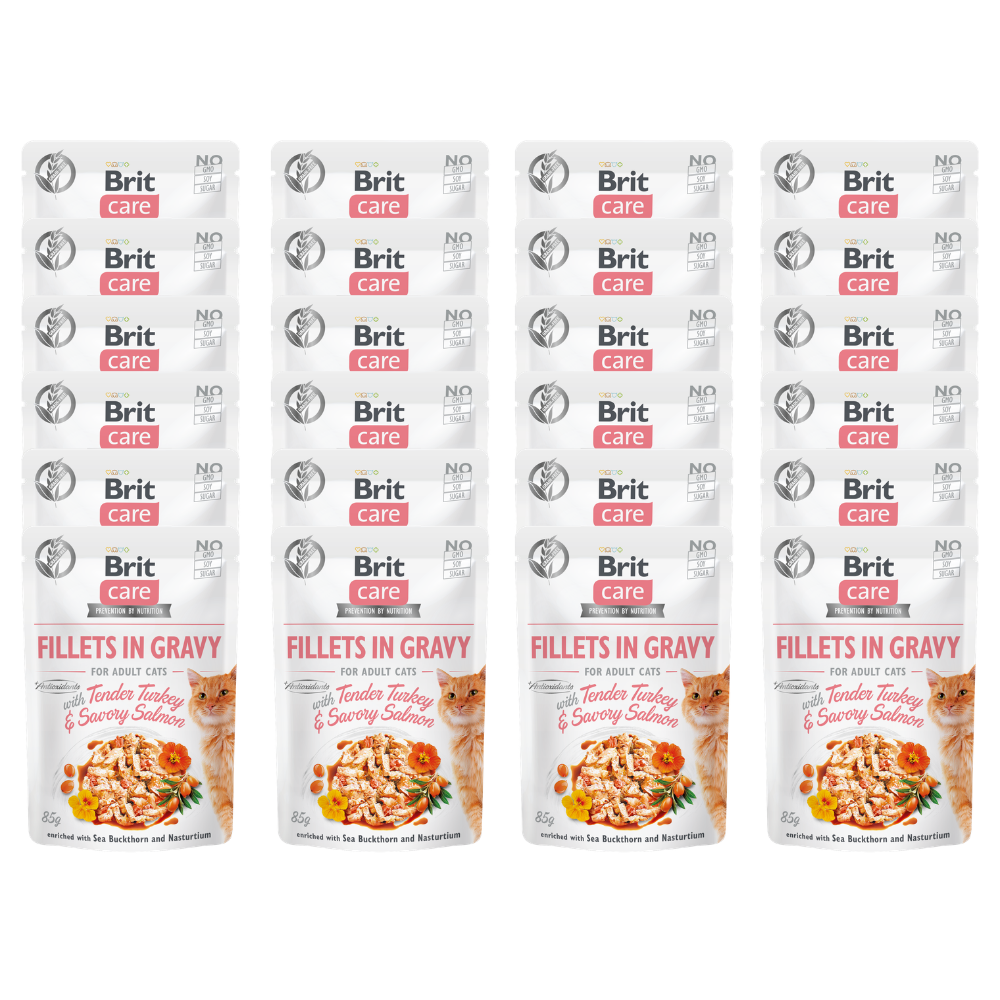 Promocja 20 szt + 4 szt Brit Care Cat Adult Fillets in Gravy with Tender Turkey & Savory Salmon enriched with Sea Buckthorn & Nasturtium 85g