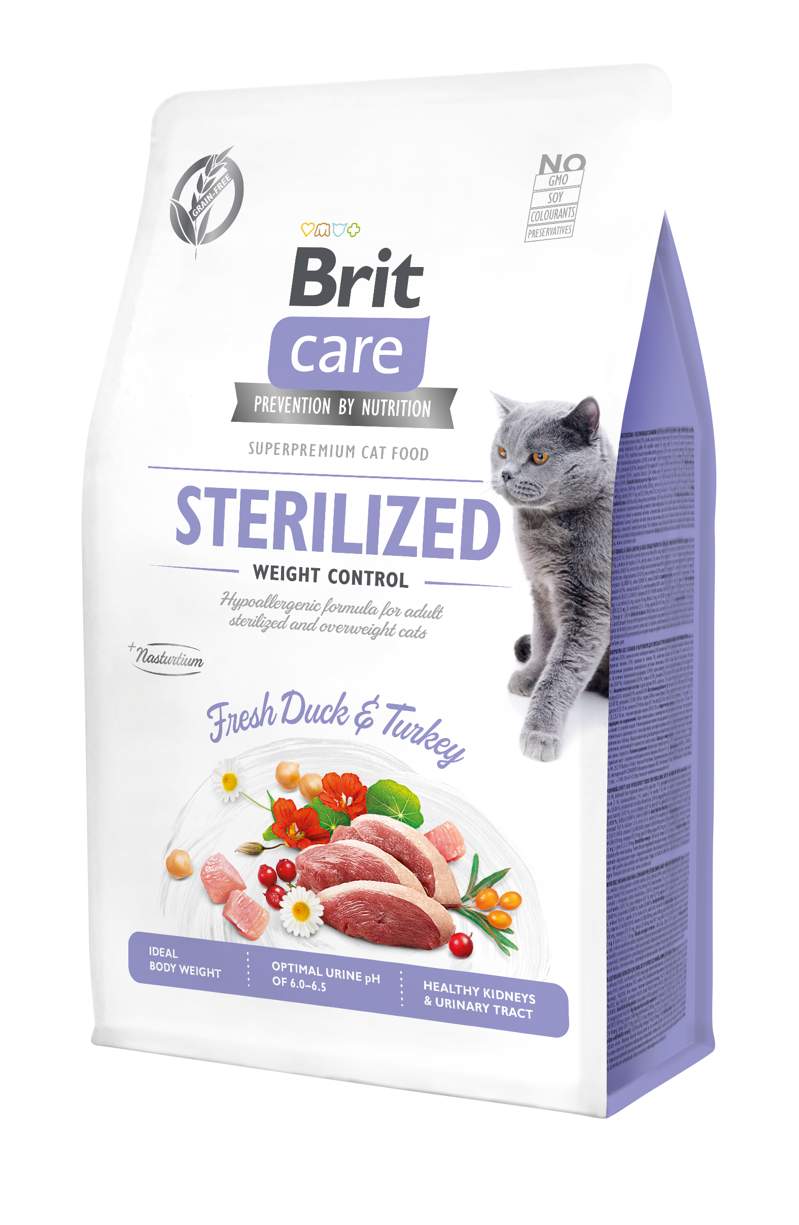 Brit Care Cat Grain-Free Sterilized Weight Control, kaczka i indyk, 400 g Pełnoporcjowa karma sucha dla dorosłych kotów sterylizowanych