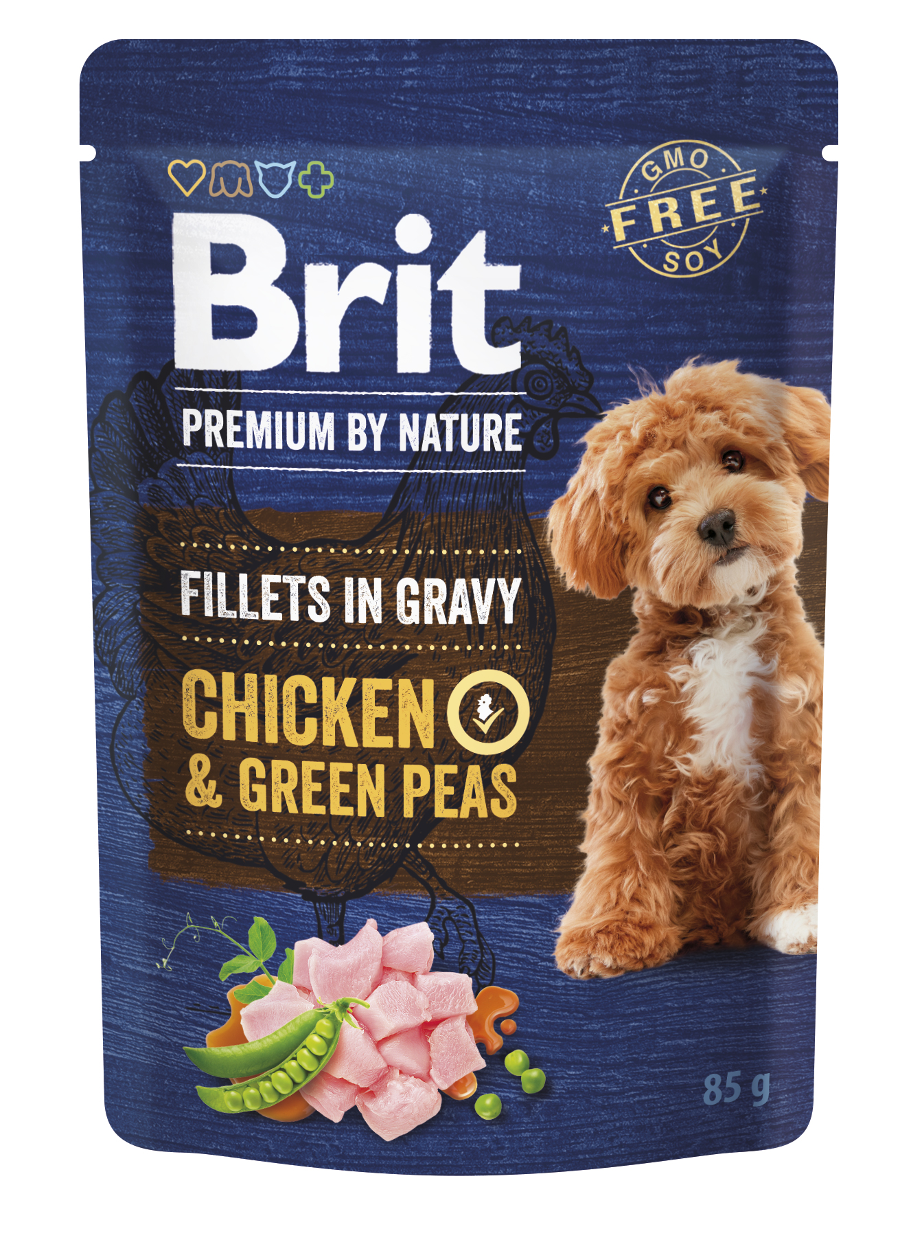 Brit Premium by Nature Dog Fillets in Gravy, kurczak i groszek zielony, 85 g Pełnoporcjowa mokra karma premium dla dorosłych psów