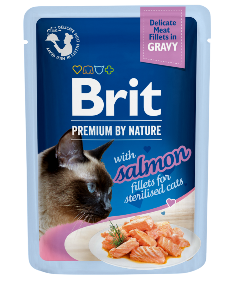 Brit Premium by Nature Cat Delicate Fillets in Gravy for Sterilised, łosoś, 85g Pełnoporcjowa karma mokra dla dorosłych kotów sterylizowanych