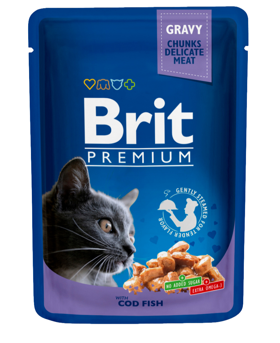 Brit Premium Cat Pouches, dorsz, 100 g Pełnoporcjowa karma mokra dla dorosłych kotów wszystkich ras