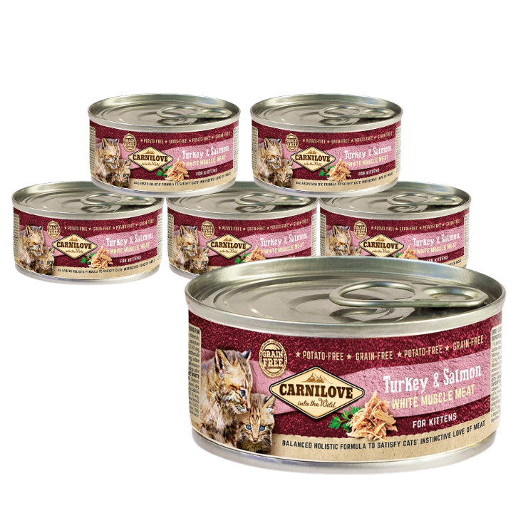 zestaw "5+1" Carnilove Cat White Muscle Meat for Kittens, indyk i łosoś (6x100g) Bezzbożowa mokra karma dla kociąt w ekonomicznym pakiecie