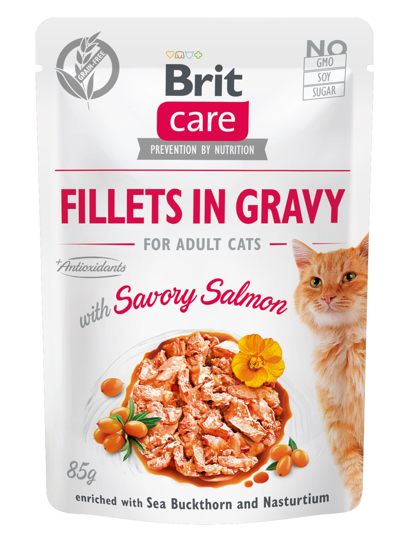 Brit Care Cat Fillets in Gravy, łosoś, rokitnik zwyczajny i nasturcja Pełnoporcjowa mokra karma dla dorosłych kotów
