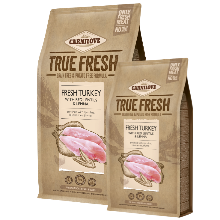 Zestaw 4kg + 1,4kg Carnilove True Fresh Dog Adult, indyk z czerwoną soczewicą i rzęsą wodną Pełnoporcjowa sucha karma dla dorosłych psów w ekonomicznym pakiecie