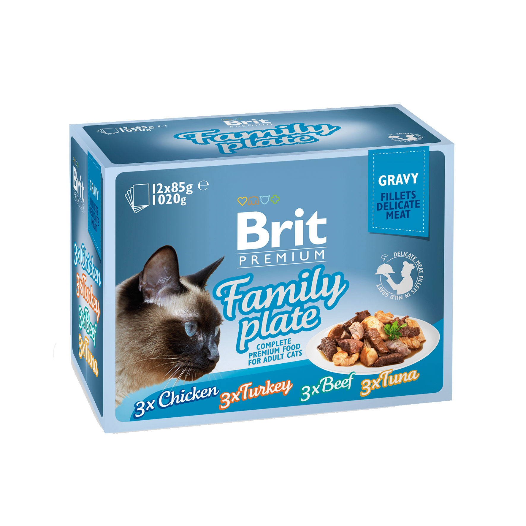 Zestaw Family Plate Brit Premium Cat Pouches Fillets in Gravy, mix smaków w sosie, 12 x 85g Zestaw różnych smaków pełnoporcjowej karmy mokrej w filetach w sosie dla dorosłych kotów wszystkich ras.