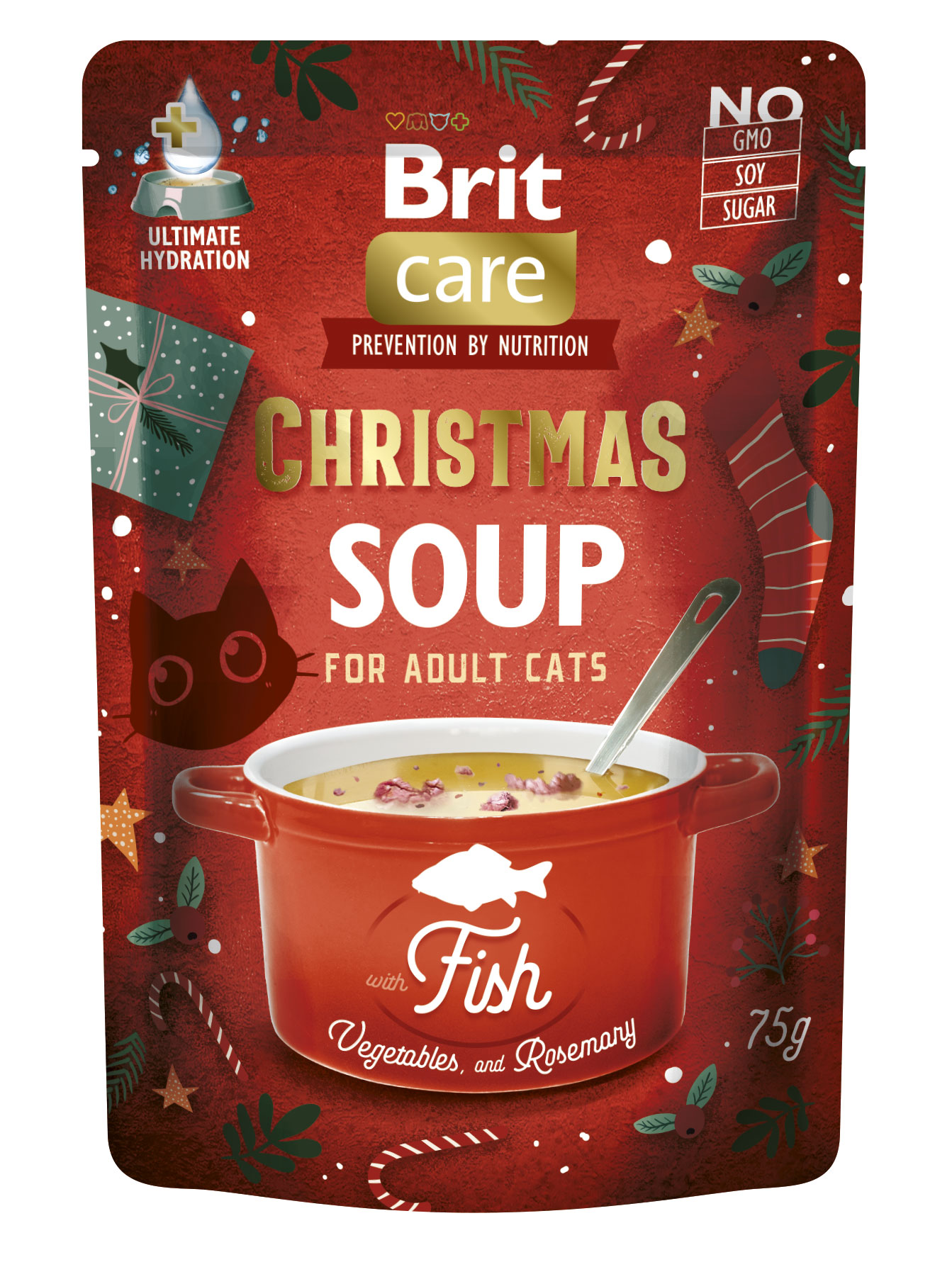 Brit Care Cat Christmas Soup, Ryba z warzywami i rozmarynem, 75g Aromatyczna, świąteczna zupa z rybą i warzywami dla dorosłych kotów.