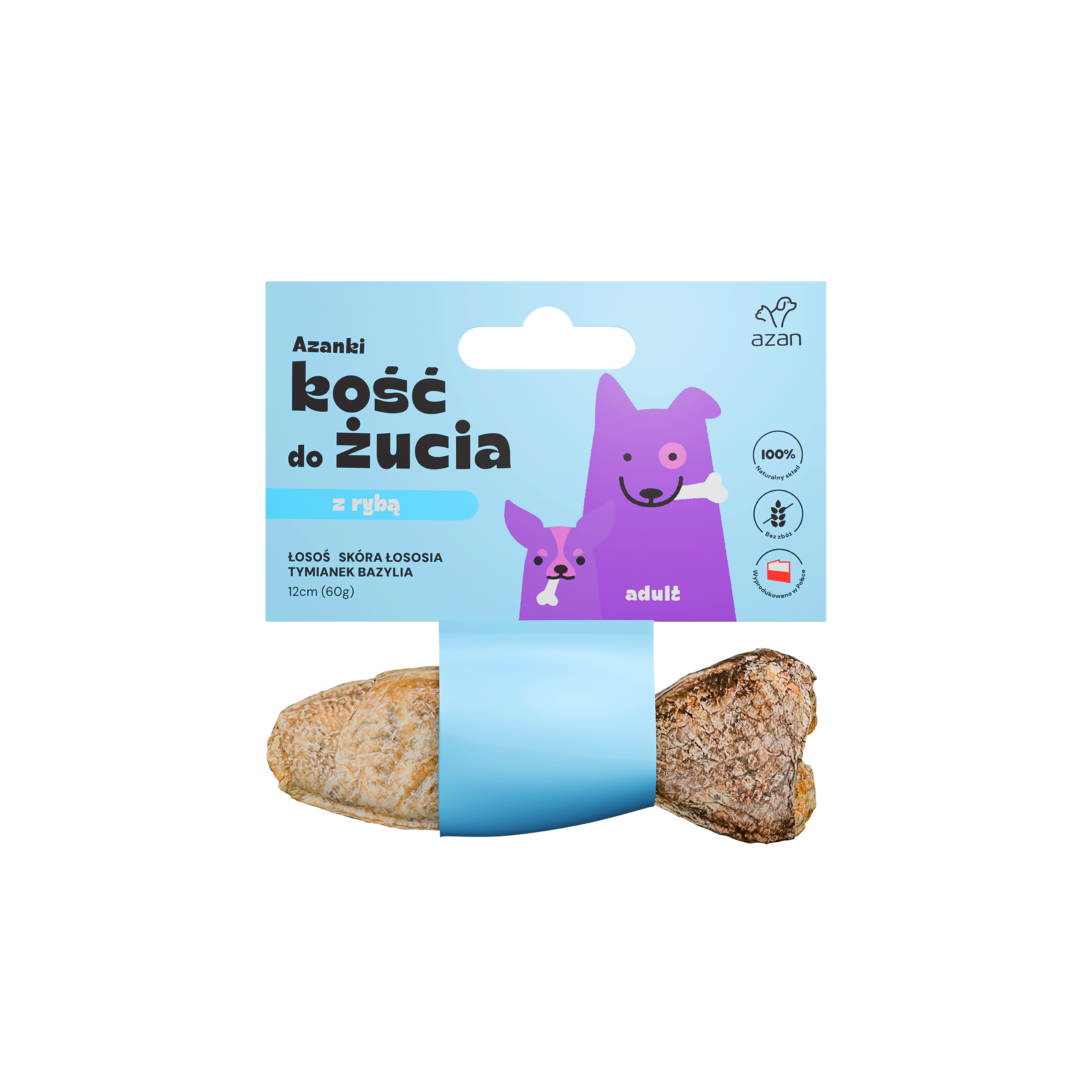Azanki Kość do żucia ADULT z łososiem w skórze łososia z tymiankiem i bazylią 12cm
