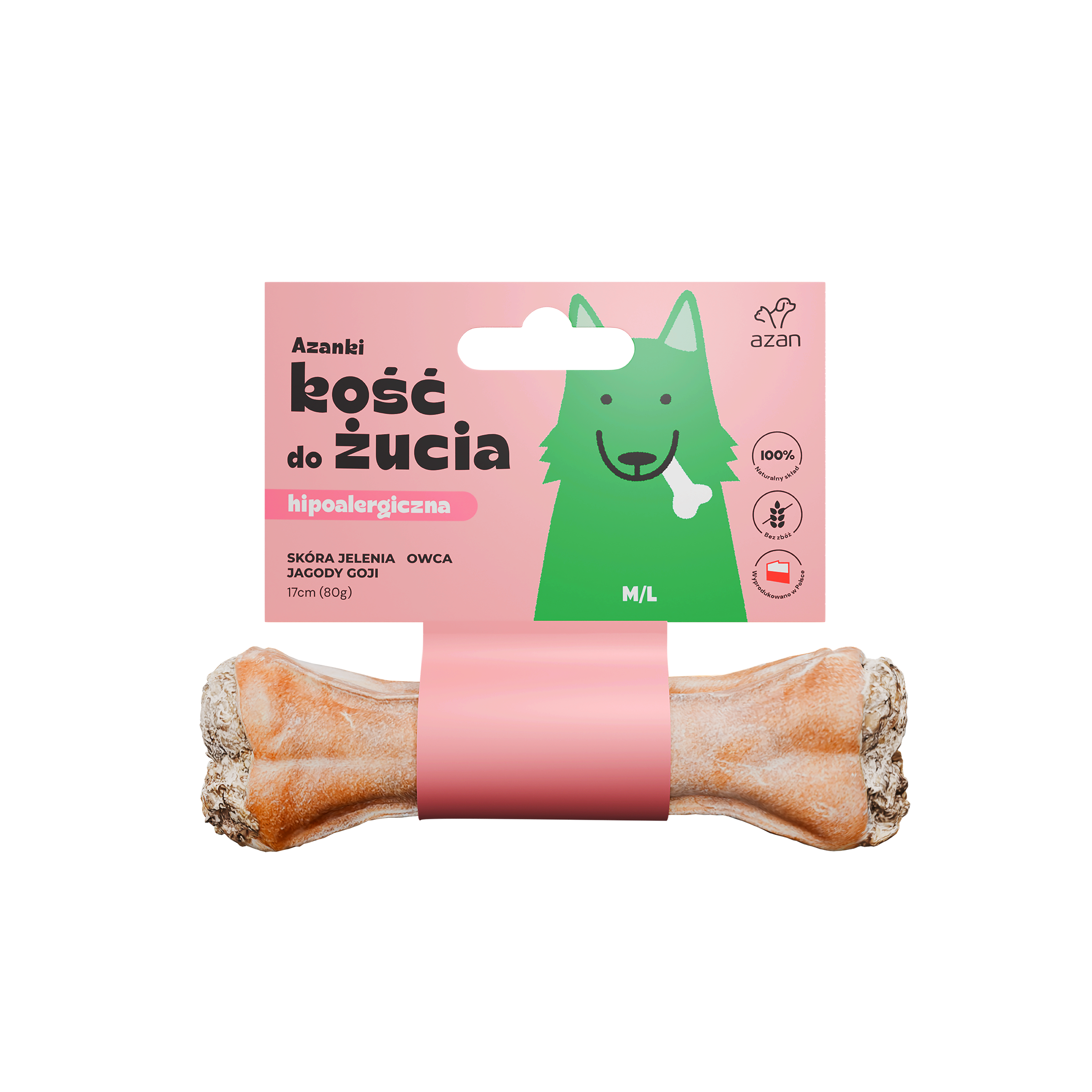 Azanki Kość do żucia M/L ze skóry jelenia z owcą i jagodami goji 17cm