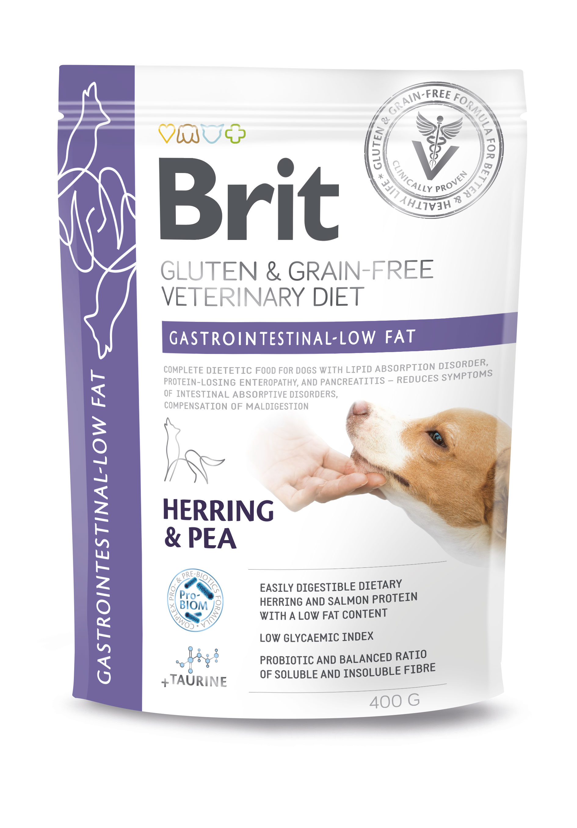 Brit Veterinary Diets Dog Grain Free Gastrointestinal Low Fat, śledź z groszkiem, 400 g Karma dla psów z problemami żołądkowo-jelitowymi o obniżonej zawartości tłuszczu