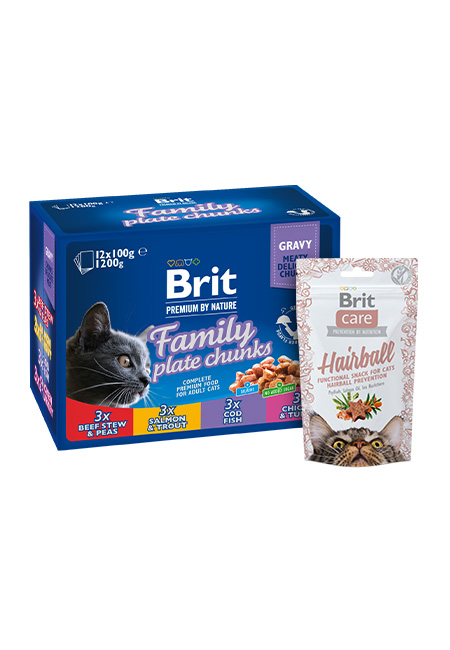 Zestaw Brit Premium Cat Pouches Mix w sosie 12x100g + Snack Hairball Duck 50g Zestaw pełnoporcjowej karmy mokrej w sosie oraz przysmaku dla kotów