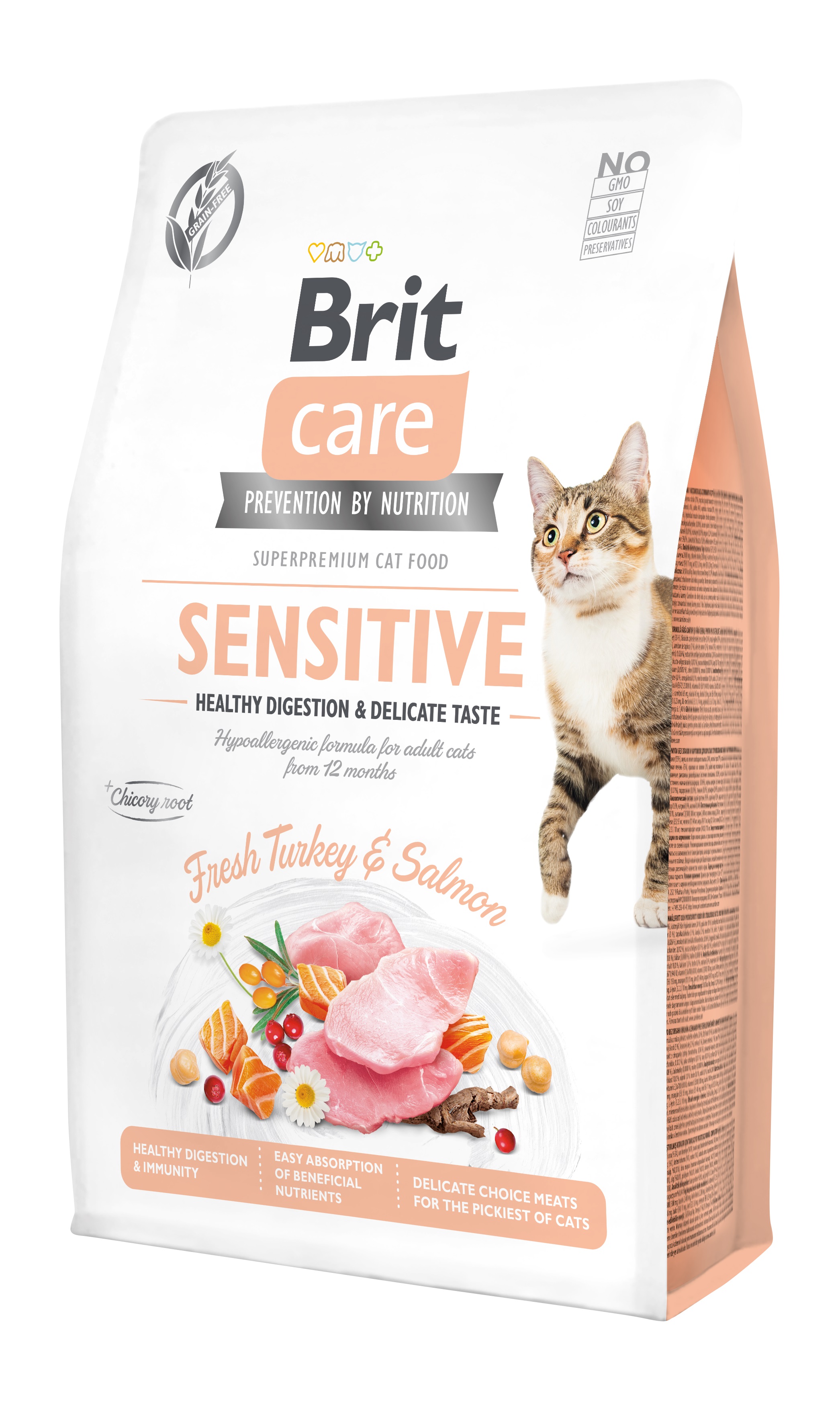 Brit Care Cat Grain-Free Sensitive, indyk i łosoś, 2 kg Pełnoporcjowa karma sucha dla dorosłych kotów o wrażliwym przewodzie pokarmowym