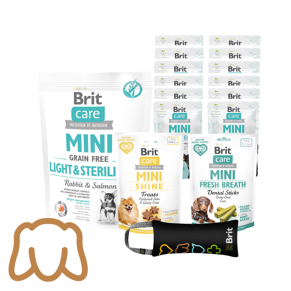 Pakiet Wakacyjny Mini Light & Care: Brit Care Sterilised 400g + Pouch 12x85g + 2 przysmaki i zabawka Spokojna Głowa na Wakacje