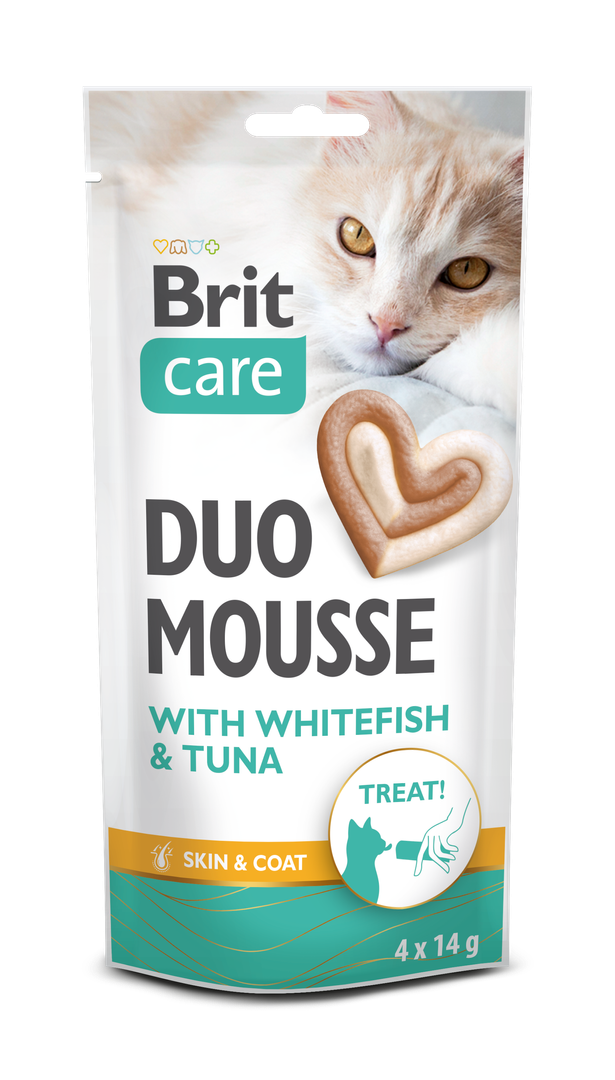 Brit Care Cat Creamy Duo Mousse z białą rybą i tuńczykiem. Bezzbożowa wilgotna karma uzupełniająca dla kotów.