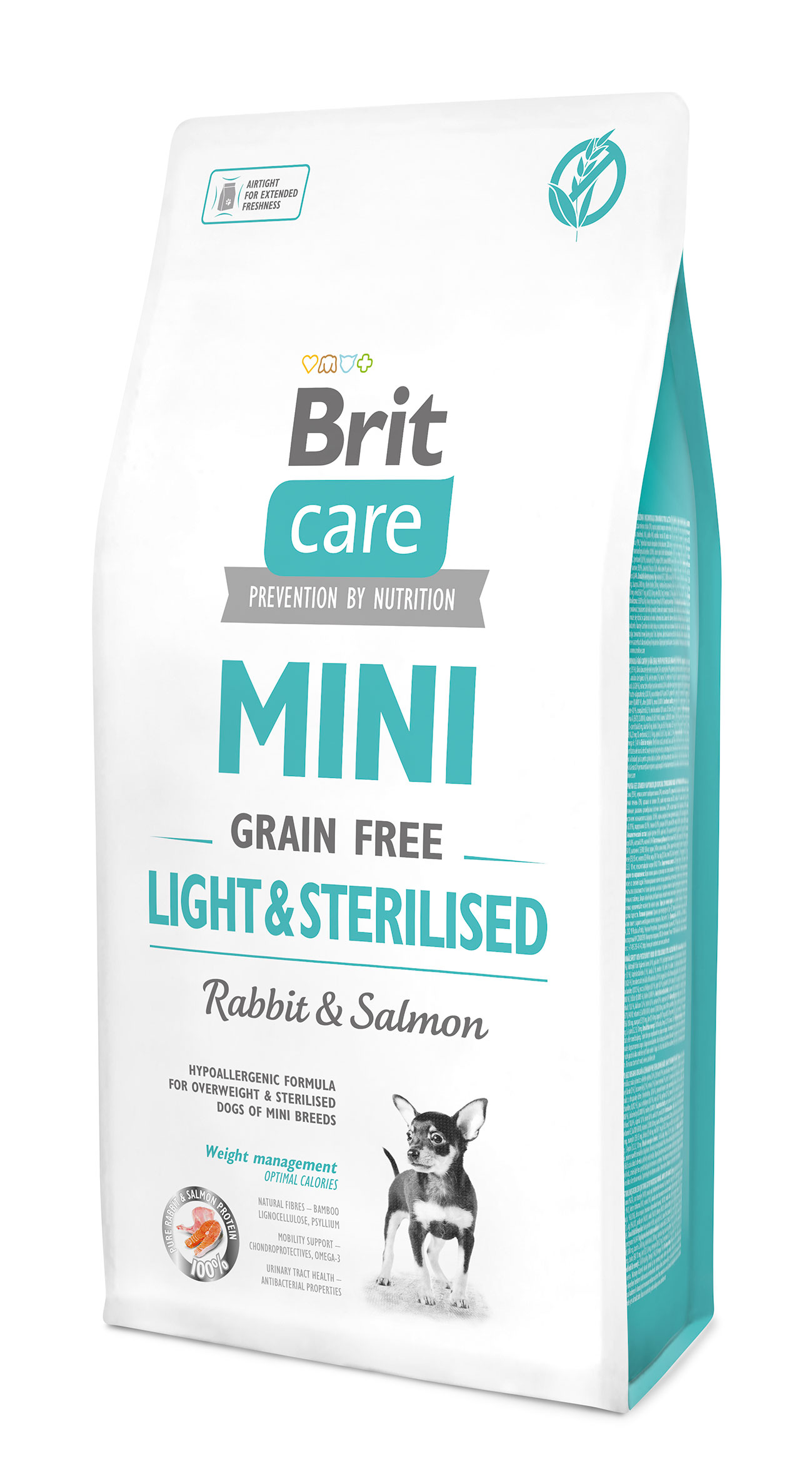 Brit Care Mini Grain-Free Light & Sterilised, królik i łosoś, 7 kg Pełnoporcjowa karma sucha dla dorosłych psów ras miniaturowych po sterylizacji