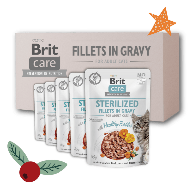 Gwiazdkowy zestaw "18+6" Brit Care Cat Fillets in Gravy Sterilized, królik Pakiet pełnoporcjowej mokrej karmy dla kotów sterylizowanych w super cenie
