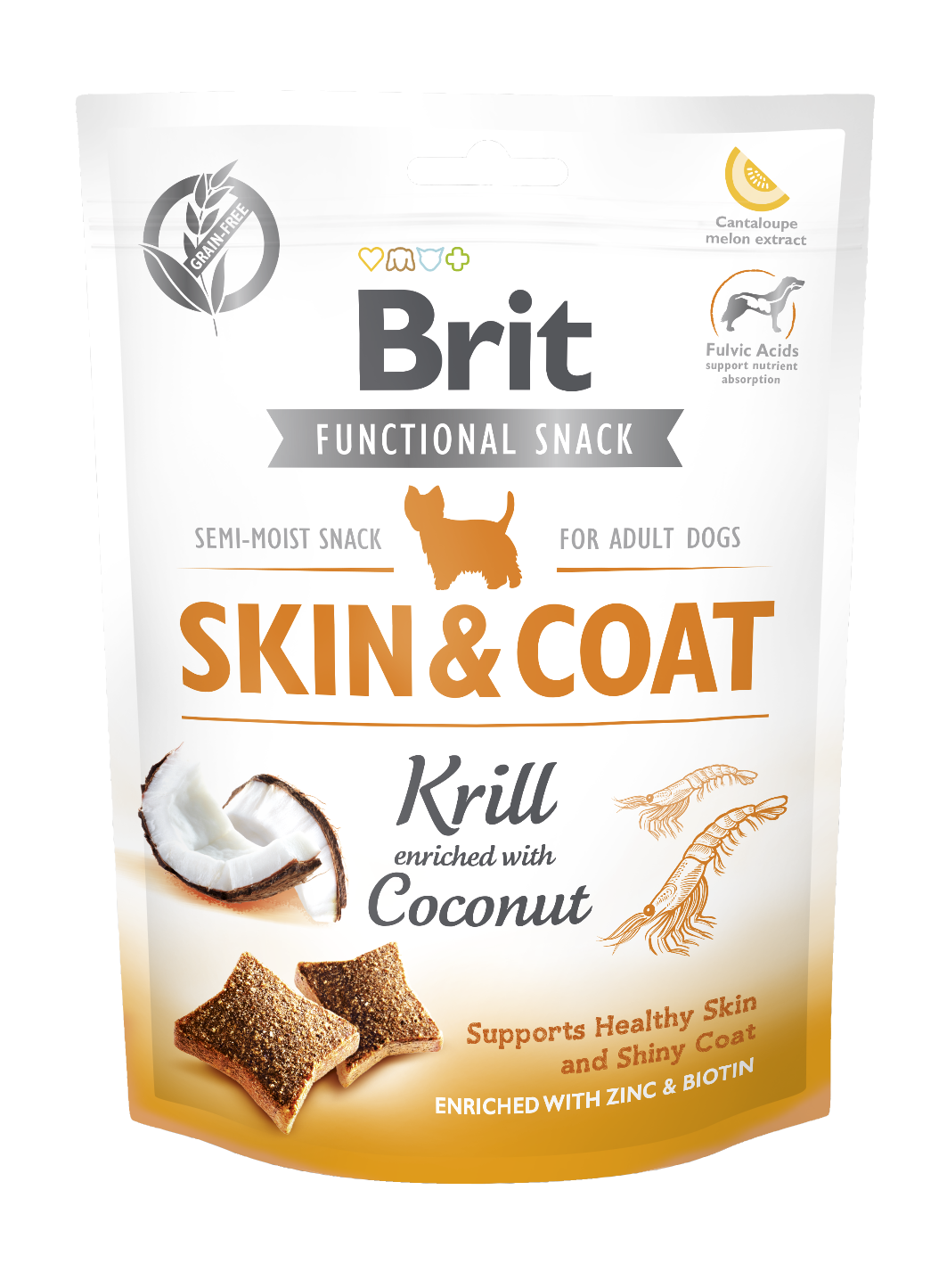 Brit Care Dog Functional Snack Skin & Coat, kryl i kokos, 150 g Funkcjonalna karma uzupełniająca dla dorosłych psów