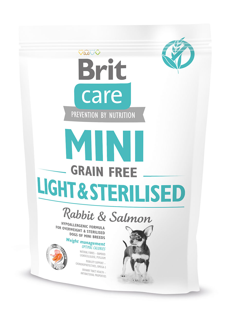 Brit Care Mini Grain-Free Light & Sterilised, królik i łosoś, 400 g Pełnoporcjowa karma sucha dla dorosłych psów ras miniaturowych po sterylizacji