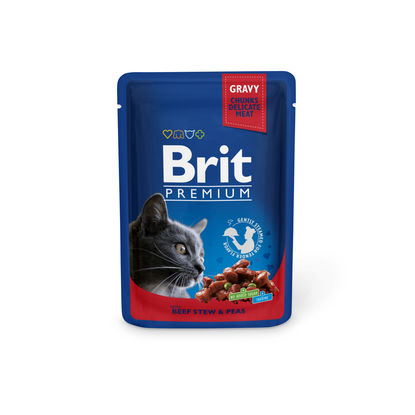 Brit Premium Cat Pouches, gulasz wołowy i groszek, 100g Pełnoporcjowa karma mokra dla dorosłych kotów wszystkich ras