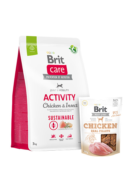 Zestaw Brit Care Activity Kurczak & Owady 3kg + Jerky Fillets Kurczak 80g Pełnoporcjowa karma dla psów aktywnych i przysmak na bazie kurczaka