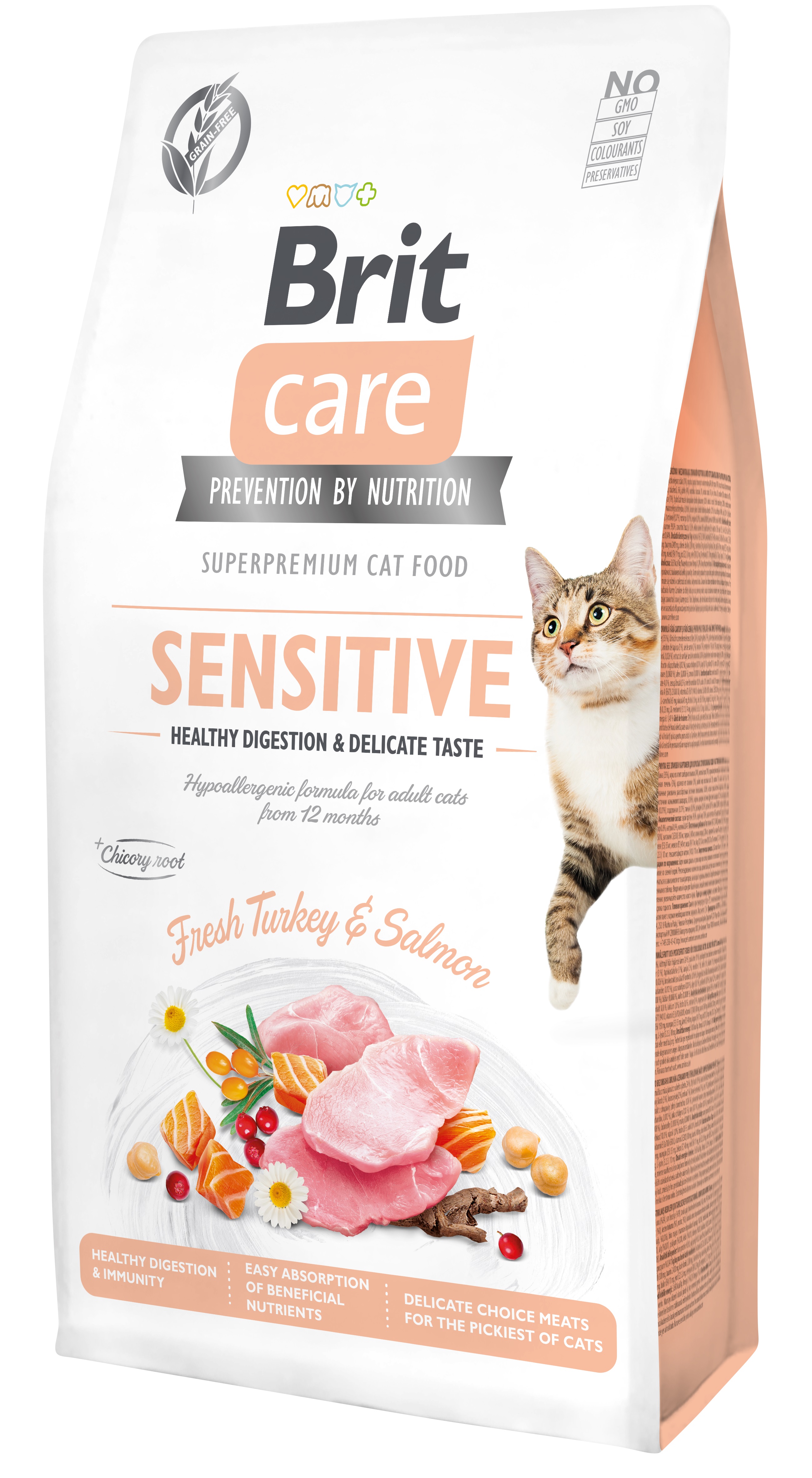 Brit Care Cat Grain-Free Sensitive, indyk i łosoś, 7 kg Pełnoporcjowa karma sucha dla dorosłych kotów o wrażliwym przewodzie pokarmowym