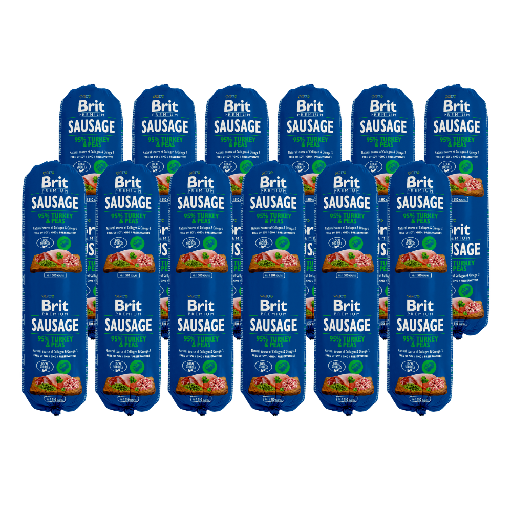 Promocja: 10 szt + 2 szt Brit Premium by Nature Dog Adult Sausage Turkey & Peas