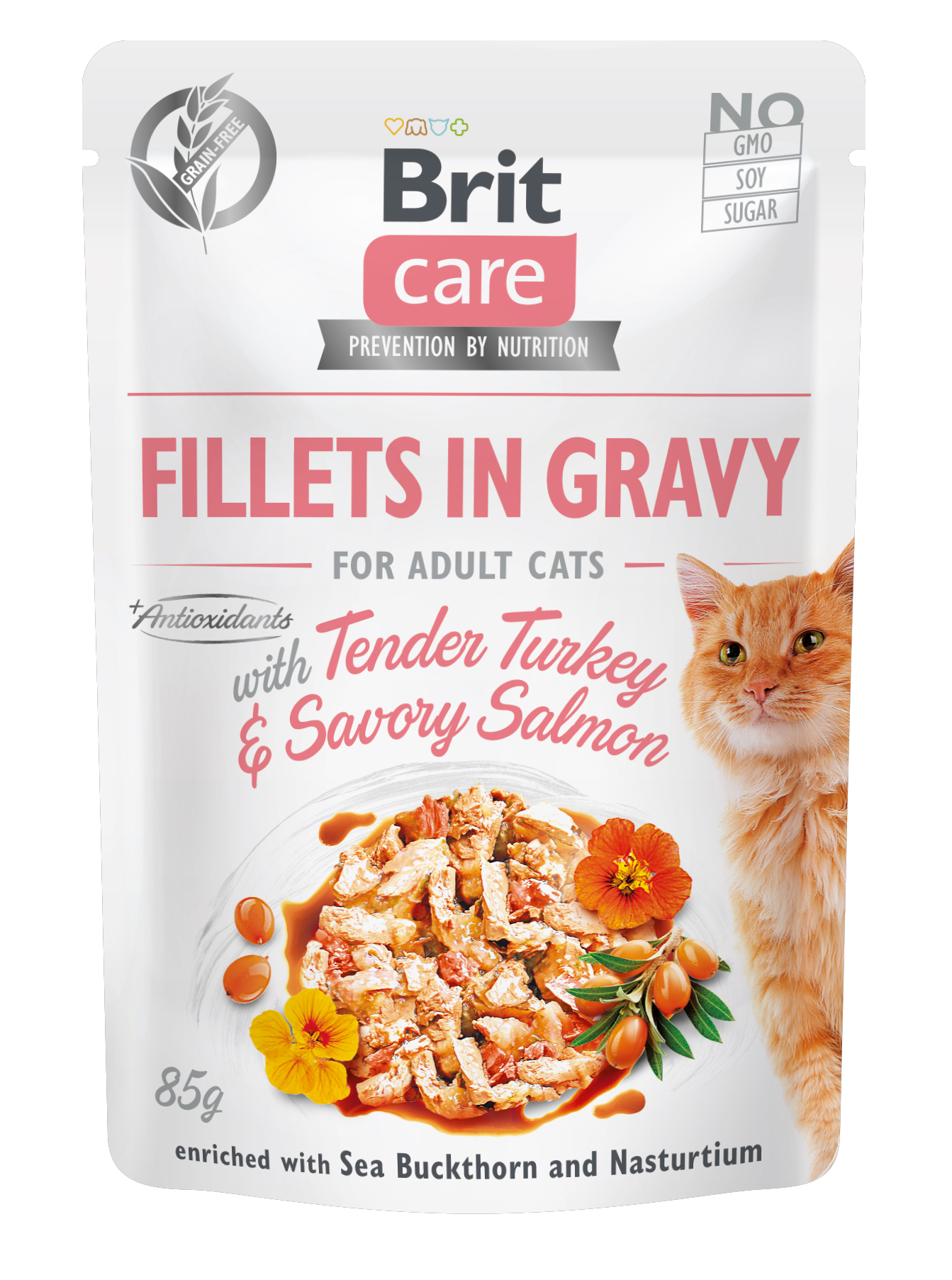 Brit Care Cat Fillets in Gravy, indyk i łosoś, 85 g Pełnoporcjowa karma mokra dla dorosłych kotów