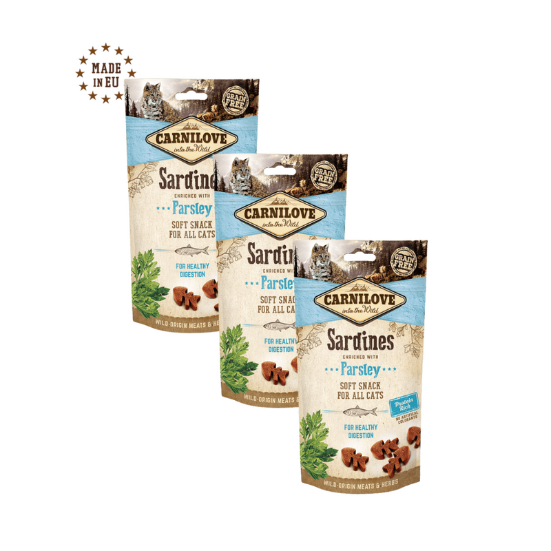 Pakiet 3x50g Carnilove Semi-moist Snack, sardynki i pietruszka Przysmaki w ekonomicznym trójpaku