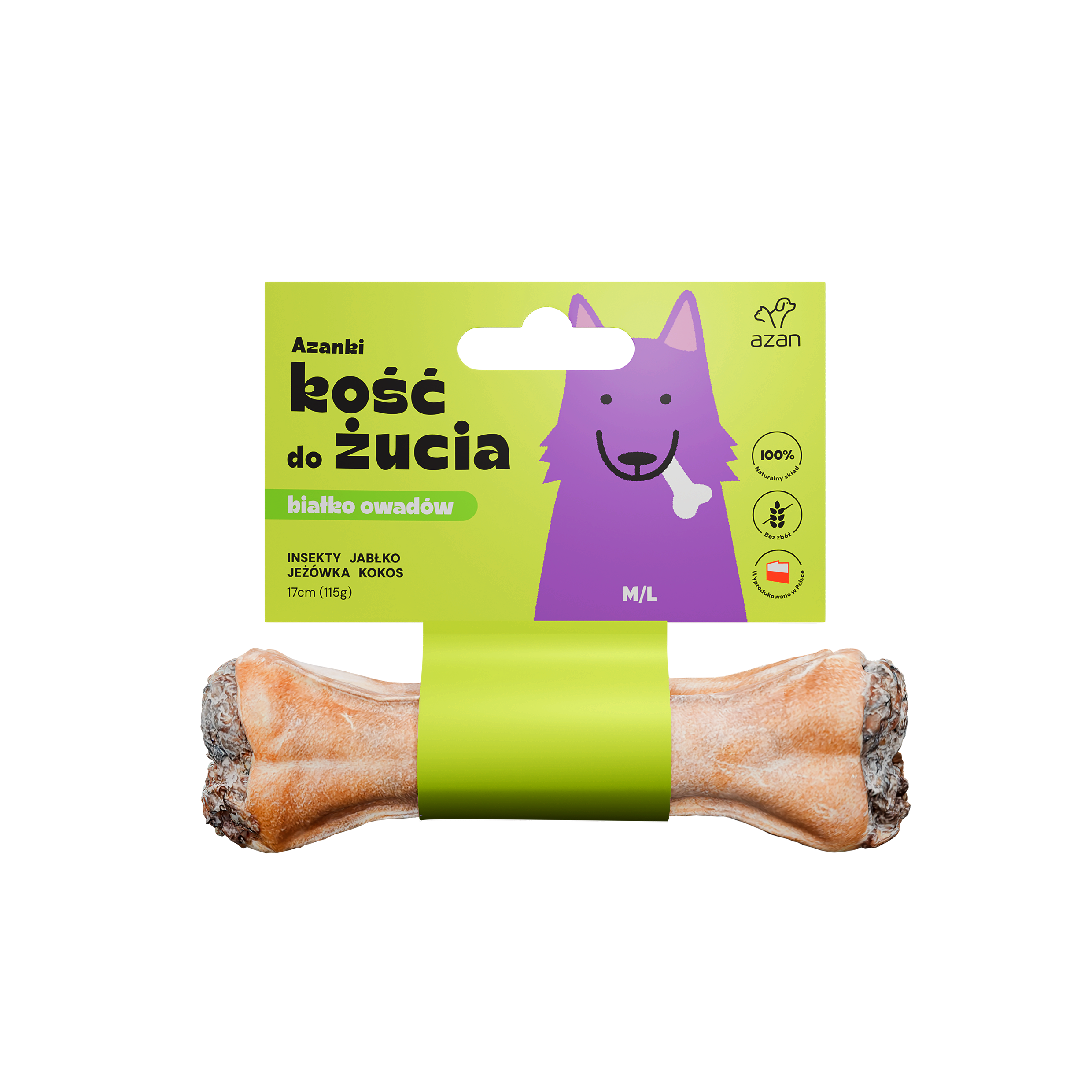 Azanki Kość do żucia M/L z insektami, jabłkiem, jeżówką i kokosem 17cm
