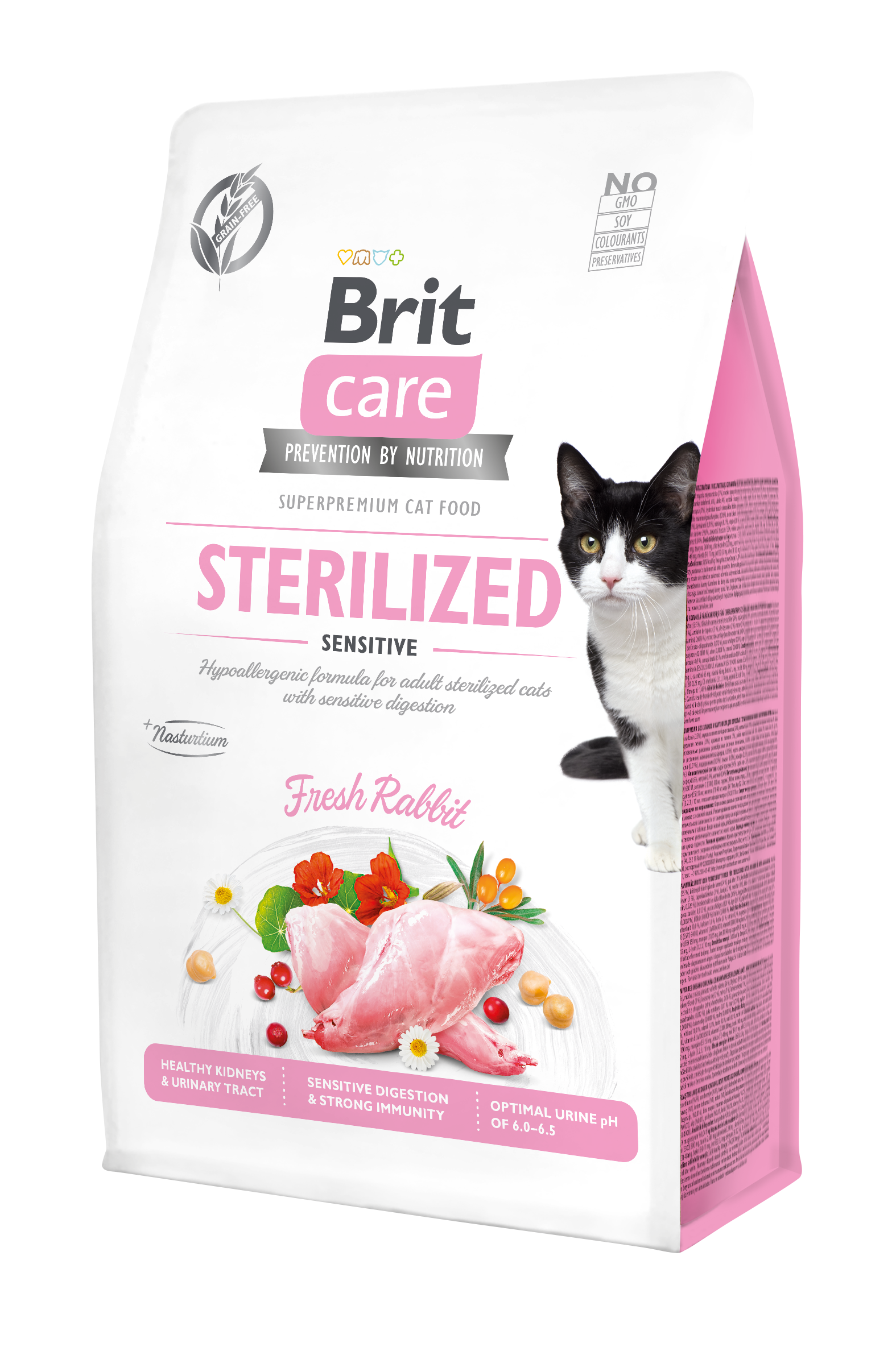 Brit Care Cat Grain-Free Sterilized Sensitive, królik, 400 g Pełnoporcjowa karma sucha dla kotów sterylizowanych o wrażliwym przewodzie pokarmowym