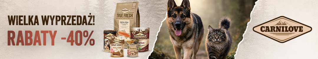 Baner informacyjny o promocji. Wielka wyprzedaż Carnilove -40% na wszystko! Oferta ważna do wyczerpania zapasów