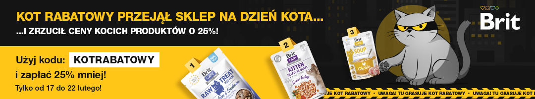 Baner informacyjny o promocji. Kliknij, aby przekierować Kot Rabatowy przejął sklep na dzień kota i zrzucił ceny kocich produktów o 25%. Użyj kodu: KOTRABATOWY i zapłać o 25% mniej za produkty dla kotów!