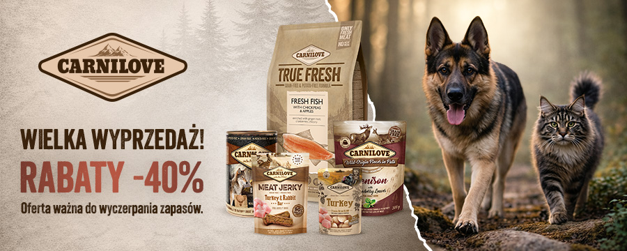 Baner informacyjny o promocji. Wielka wyprzedaż Carnilove -40% na wszystko! Oferta ważna do wyczerpania zapasów