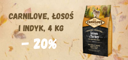 Promocja -20% na 4 kg karmy Carnilove łosoś z indykiem dla szczeniąt dużych ras.