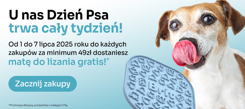 U nas dzień psa trwa od 1 do 7 lipca. Do zakupów psich produktów za minimum 49zł dokładamy matę do lizania gratis.